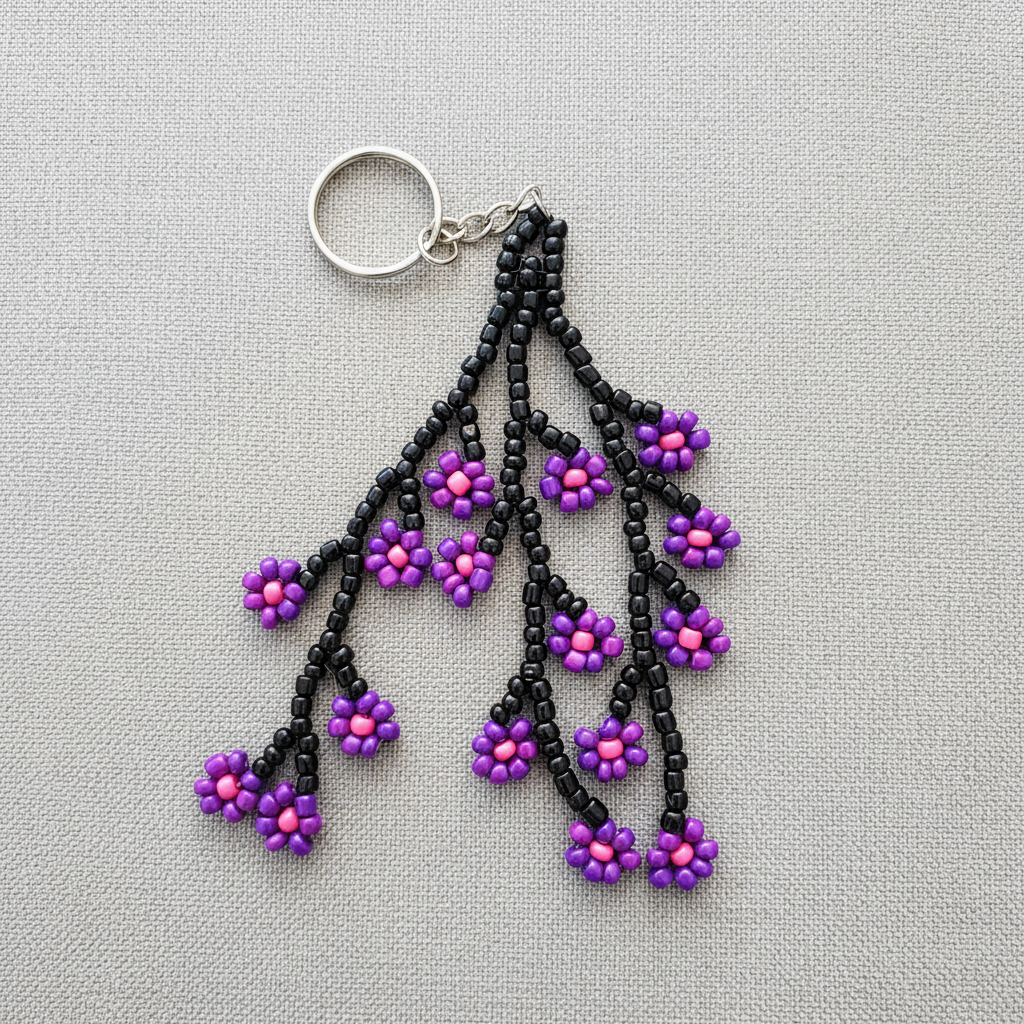 Beaded flower keychain on linen backdrop 1
